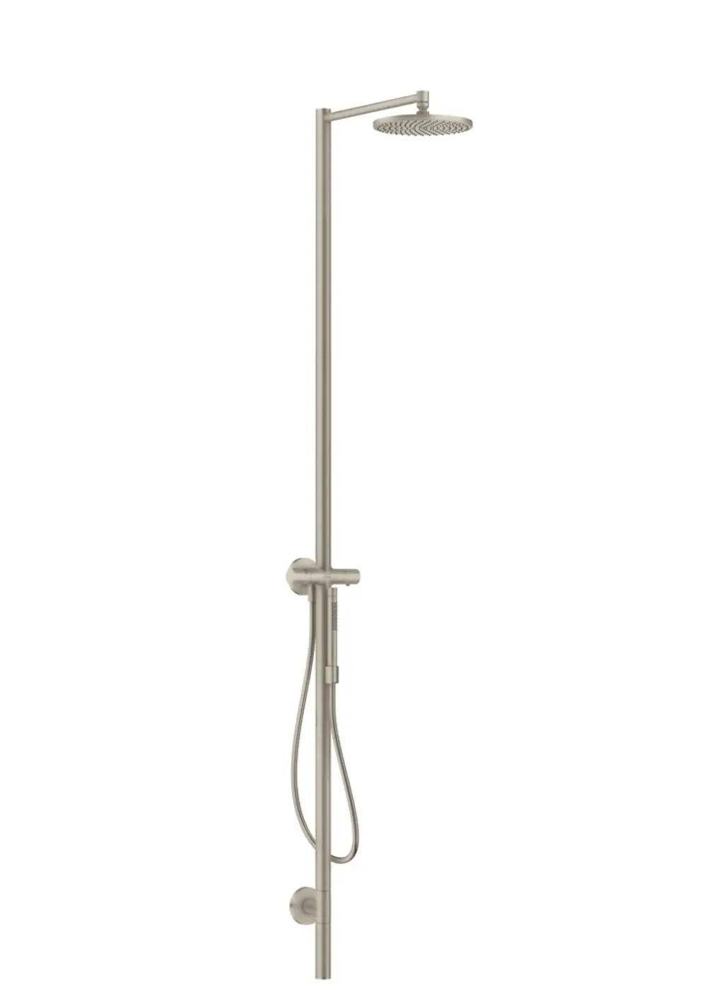 Duschsäule aus gebürstetem Nickel mit Thermostat, Kopfbrause und Handbrause von AXOR, an einer geraden Halterung montiert. Schlichtes Design für die Dusche.